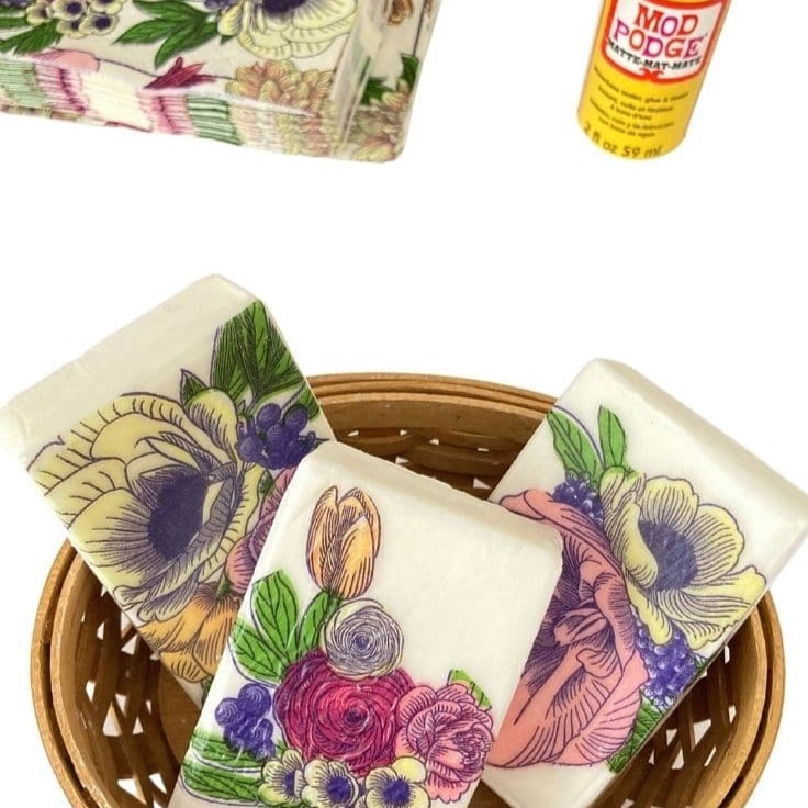 Decorated soap, stack of napkins and bottle of Mod Podge