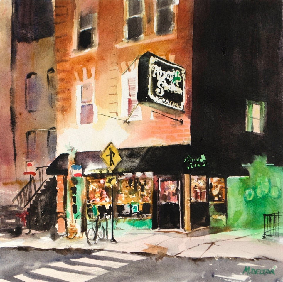 watercolor painting of city night scene by Maria Delton