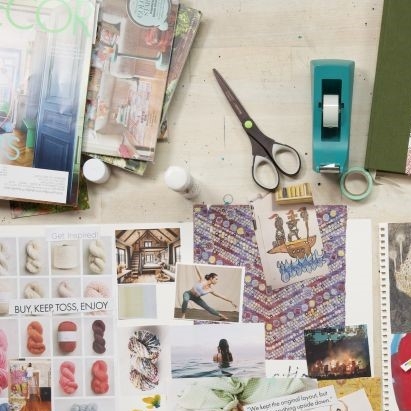 magazines, scissors, tape and glue used to create collage