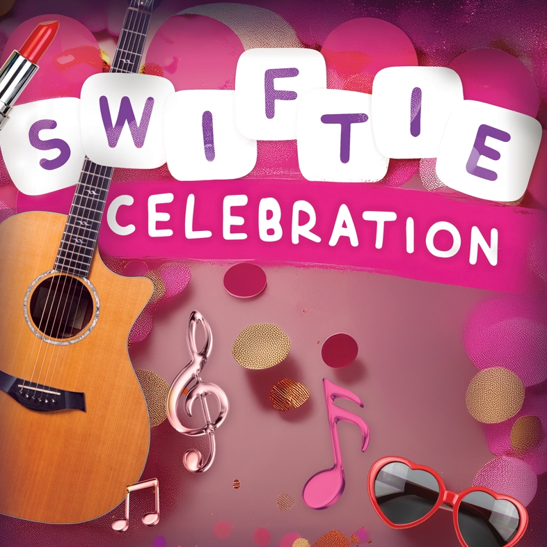 "Swiftie Celebration" Text on pick background with guitar and hear sunglasses
