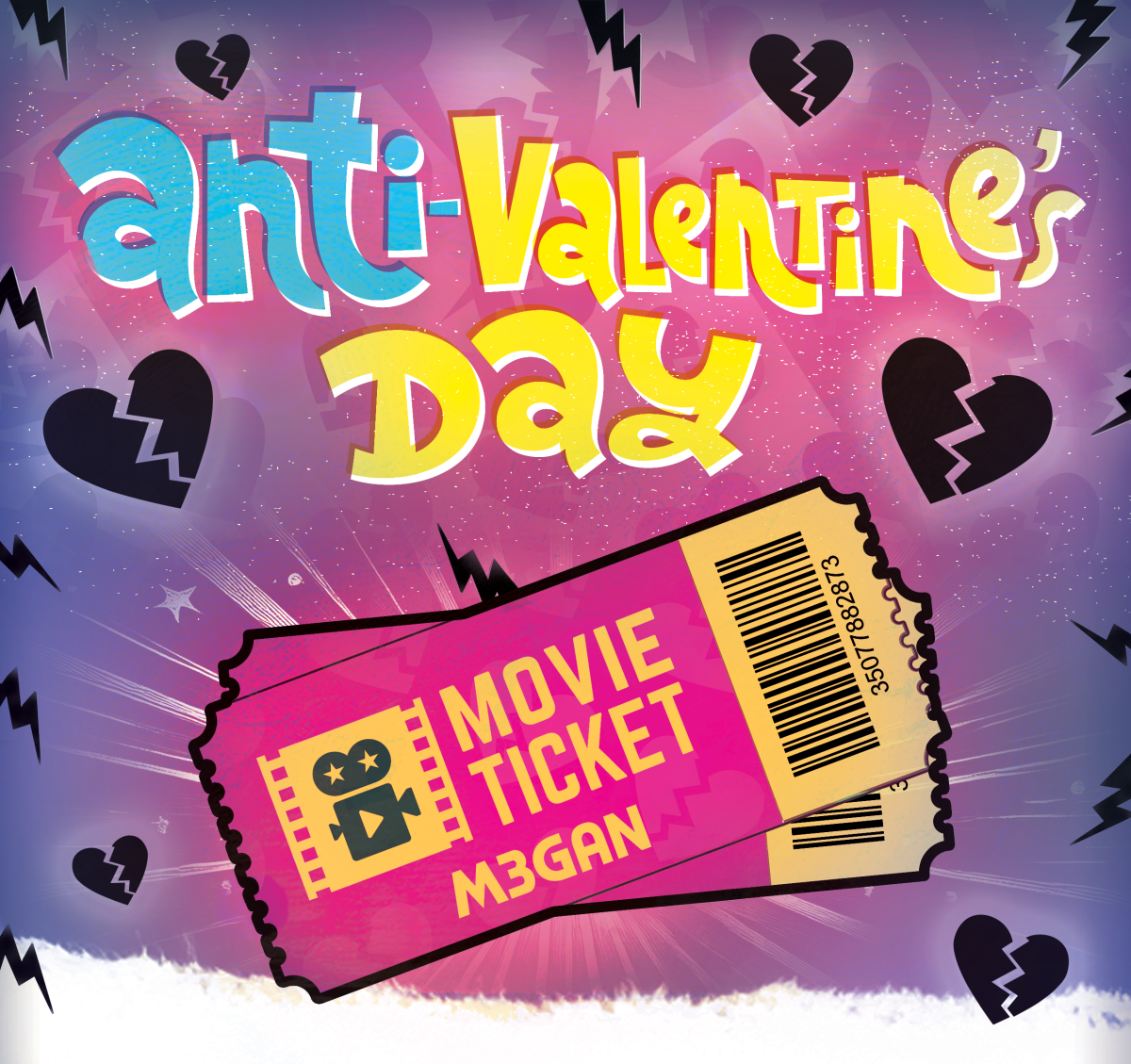 "Anti-Valentine's Day" text on pink sparkle and broken heart background