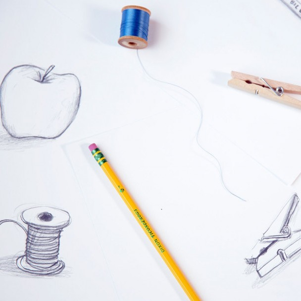 drawings of apple, spool, clothespin and objects plus pencil