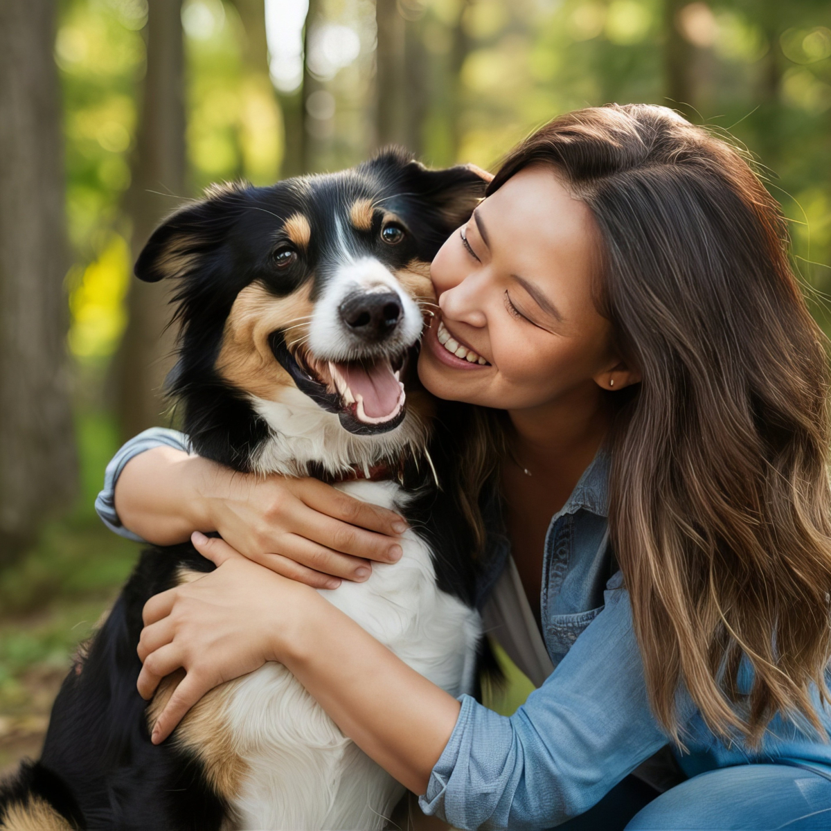 Young woman hugging large dog