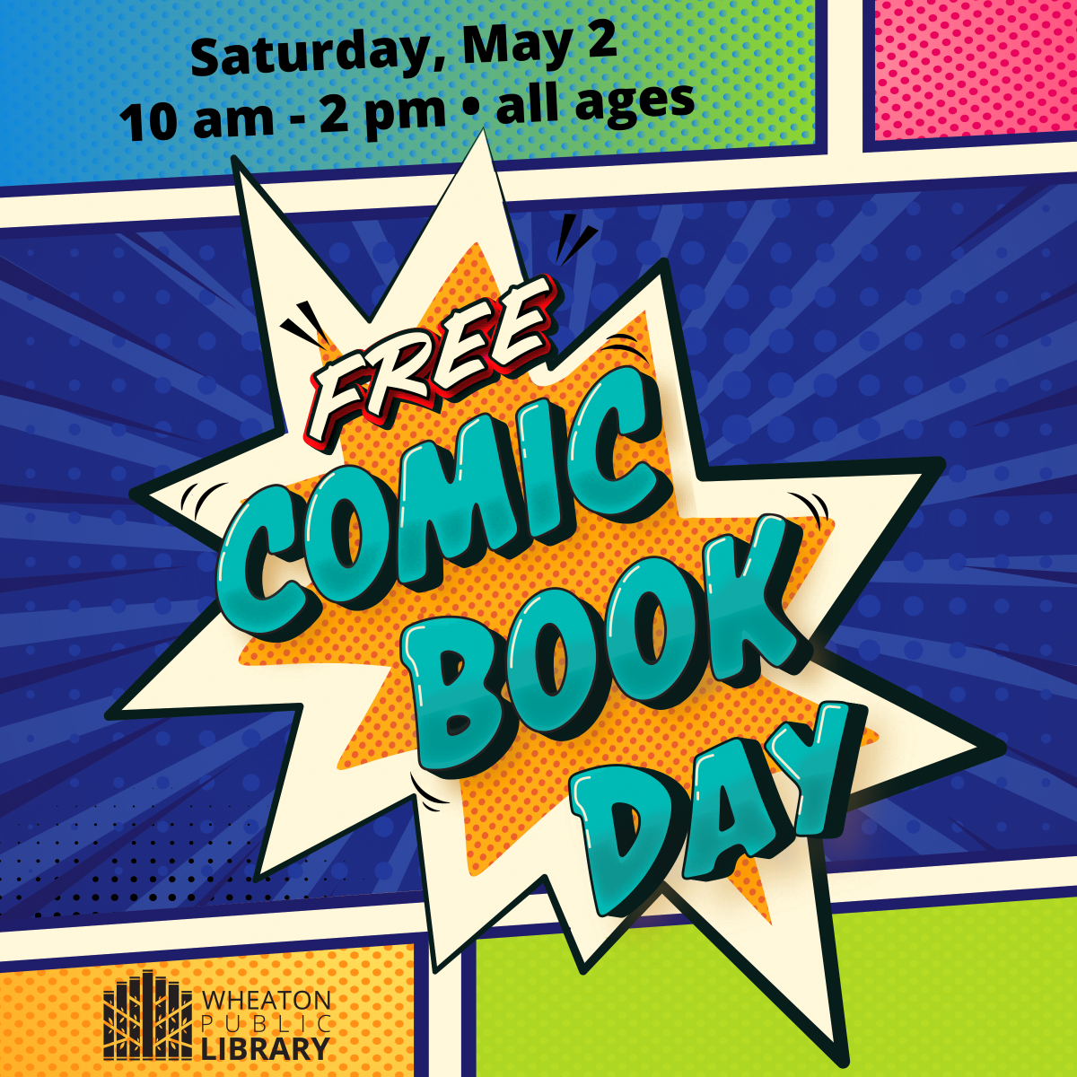 "Free Comic Book Day" text on a colorful comic book background