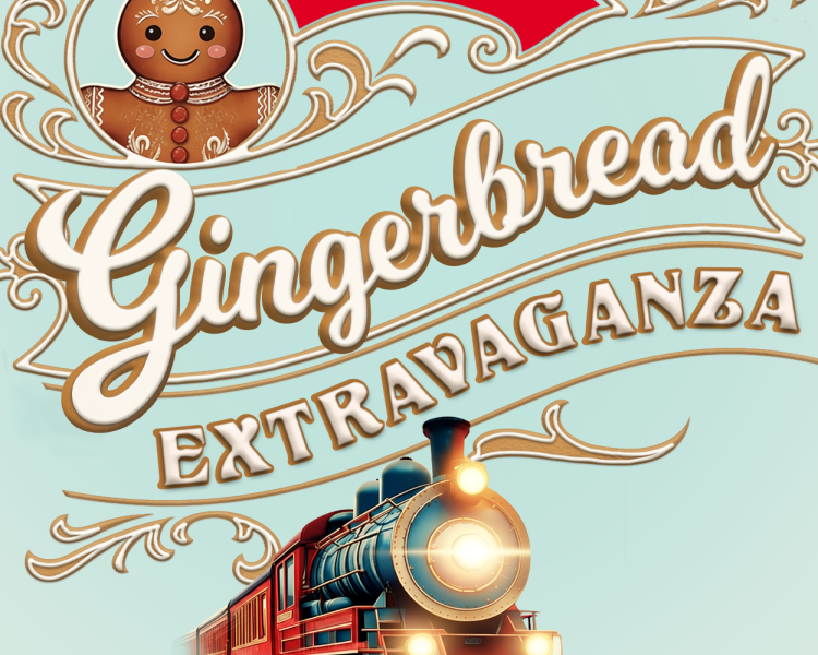 "Gingerbread Extravaganza" Text on mint background with train and gingerbreadman