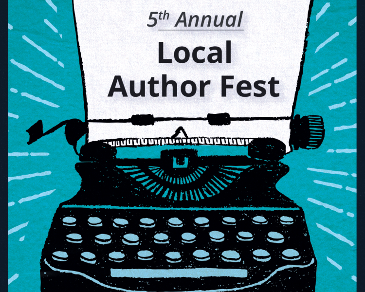 "5th Annual Local Author Fest" text on a type writer with the date "Saturday, April 25 from 1-4 pm" below.