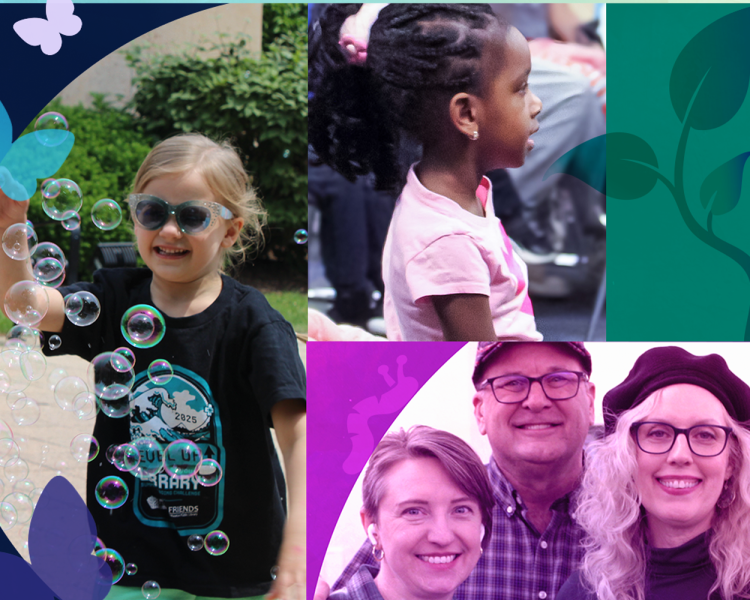 Picture of two children and a group of adults attending various library events