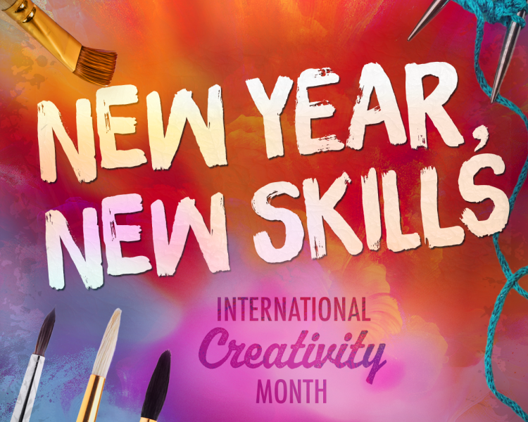 "New year, new skills" text on tie dye background with art supplies