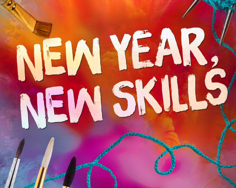 "New year, new skills" text on tie dye background with art supplies